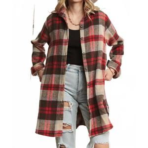NEW MADELYN check flannel shacket - plus in ivory/red